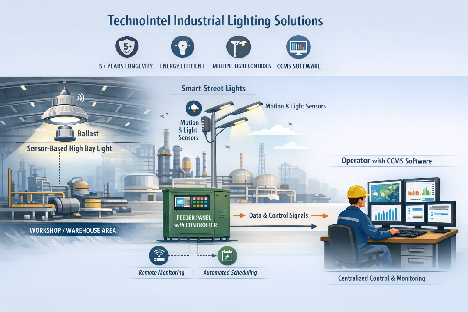 CCMS system architecture: sensor-based high bay lights and smart street lights connect through a feeder panel controller to an operator's centralized monitoring software